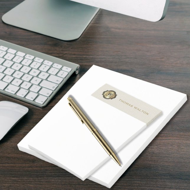 Bloco De Notas Monograma Dourado em Couro Branco Creme com Visual (Criador carregado)