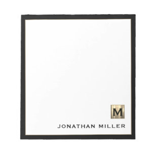Bloco De Notas Monograma Dourado Personalizado Branco Preto