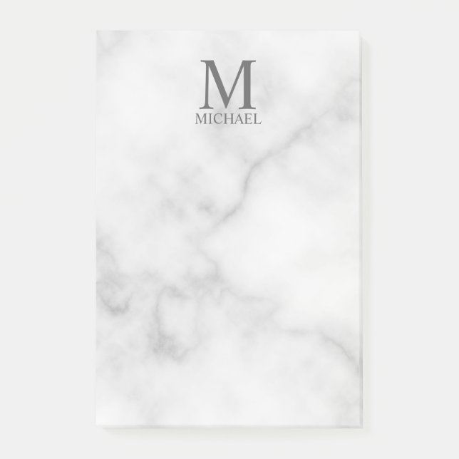 Bloco De Notas Monograma e Nome Personalizados do Marble Branco (Frente)