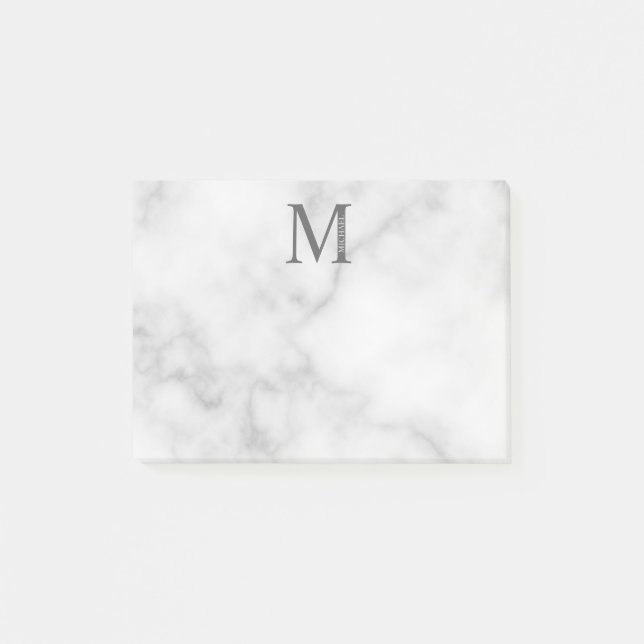 Bloco De Notas Monograma e Nome Personalizados do Marble Branco (Frente)