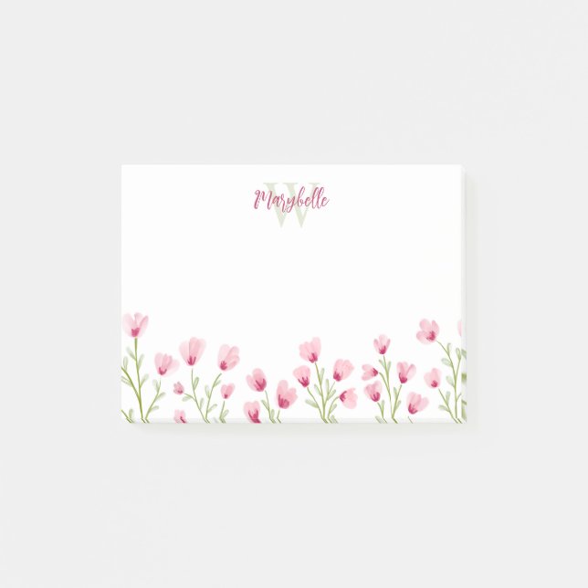 Bloco De Notas Monograma Feminino de Flores Silvestres Rosa (Frente)