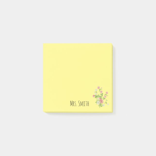 Bloco De Notas Monograma floral amarelo com o nome da professora (Frente)