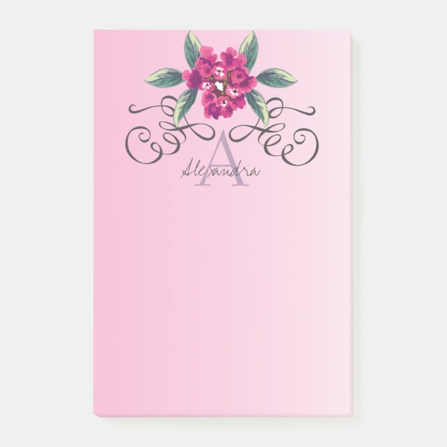 Bloco De Notas Monograma Floral Clássico Elegante Rosa (Frente)