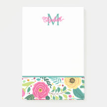 Monograma Floral de Primavera Rosa e Teal