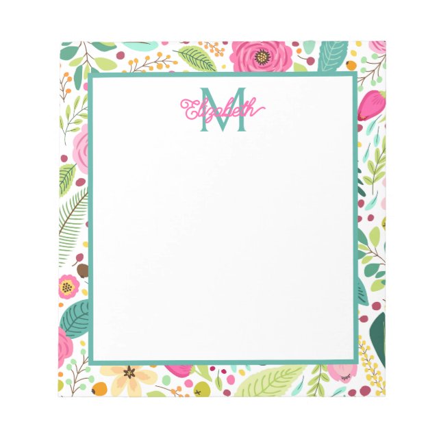 Bloco De Notas Monograma Floral de Primavera Rosa e Teal (Frente)