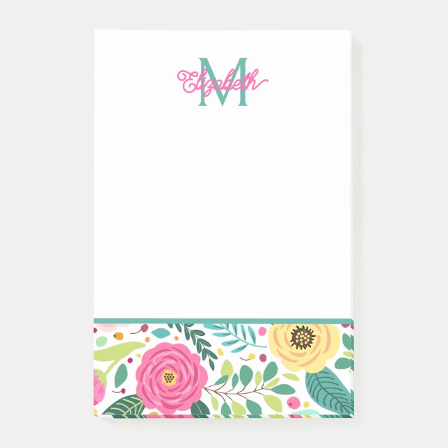 Bloco De Notas Monograma Floral de Primavera Rosa e Turquesa (Frente)