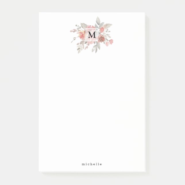 Bloco De Notas Monograma Floral Rosa Bege Elegante (Frente)