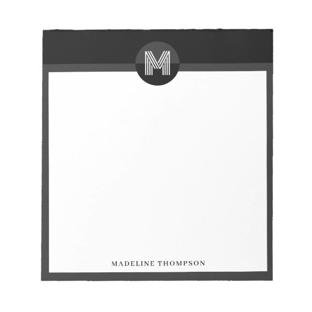 Bloco De Notas Monograma Geométrico Moderno Branco Cinza Preto Ún (Frente)