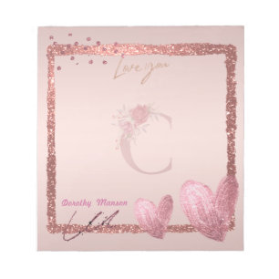 Bloco De Notas Monograma - Letra inicial C e Rosa Bonito Dourado