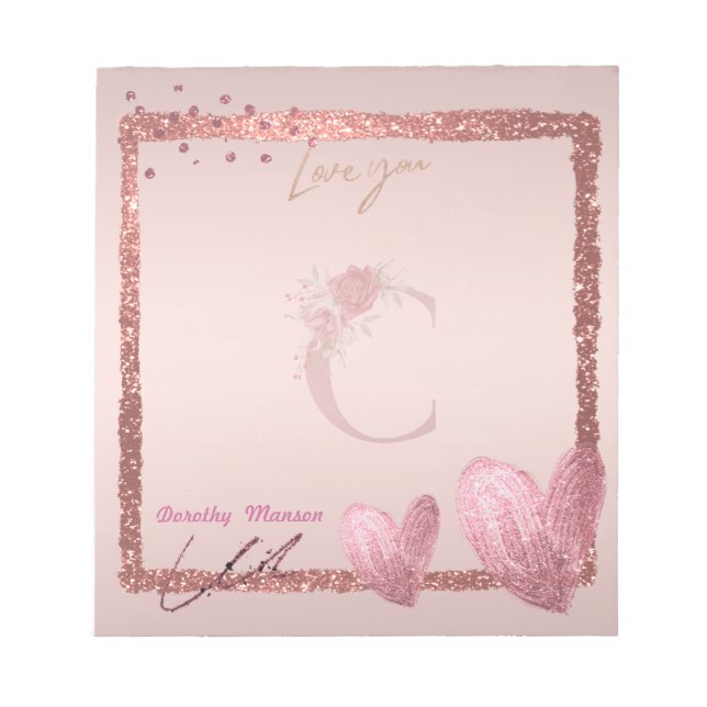 Bloco De Notas Monograma - Letra inicial C e Rosa Bonito Dourado (Frente)