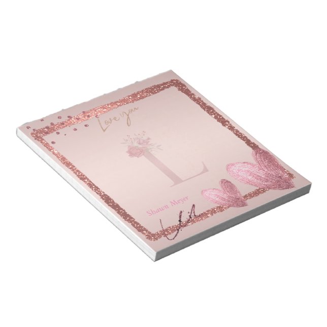 Bloco De Notas Monograma - Letra inicial L Rosa Dourado Notepad (Inclinado)