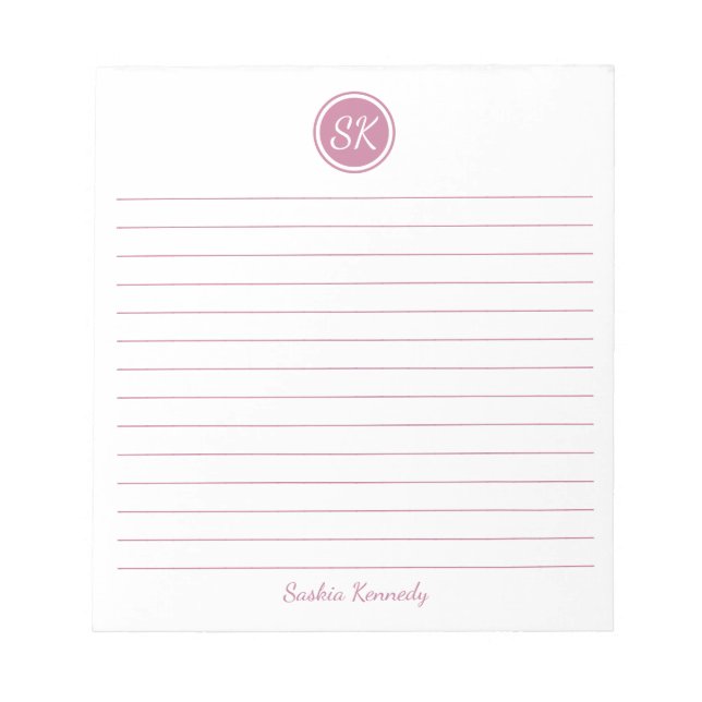 Bloco De Notas Monograma Lineado Cor-de-Rosa Elegante Personaliza (Frente)