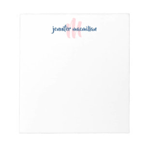 Bloco De Notas Monograma Moderno, Cor-de-Rosa Inicial e Azul Pers