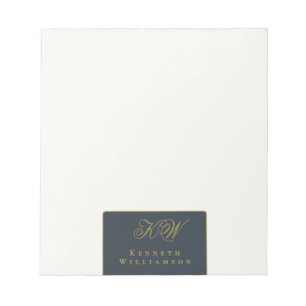 Bloco De Notas Monograma Personalizado Azul Marinho Dourado Branc