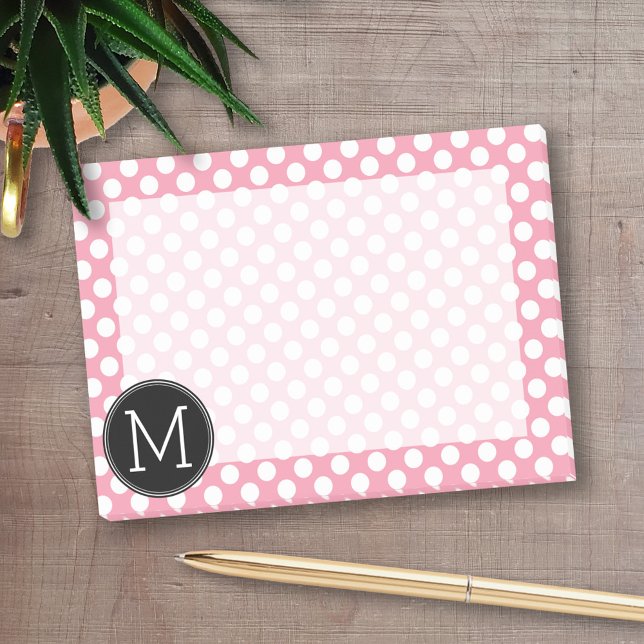 Bloco De Notas Monograma Personalizado de Bolinhas Pretas e Rosa  (Personalized post-it notes with an area to add your name or other text)