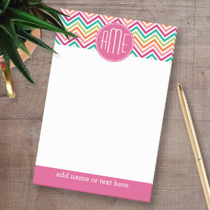 Bloco De Notas Monograma Personalizado de Chevrons Laranja Rosa Q