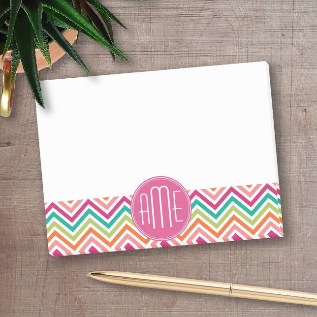 Bloco De Notas Monograma Personalizado de Chevrons Laranja Rosa Q (Personalized Post-it notes - add your name and other text)