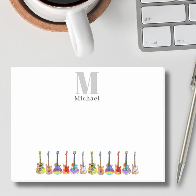 Bloco De Notas Monograma Personalizado de Compositor Musical de V (Colorful guitar pattern custom musician guitar music teacher songwriter performer monogram postit )