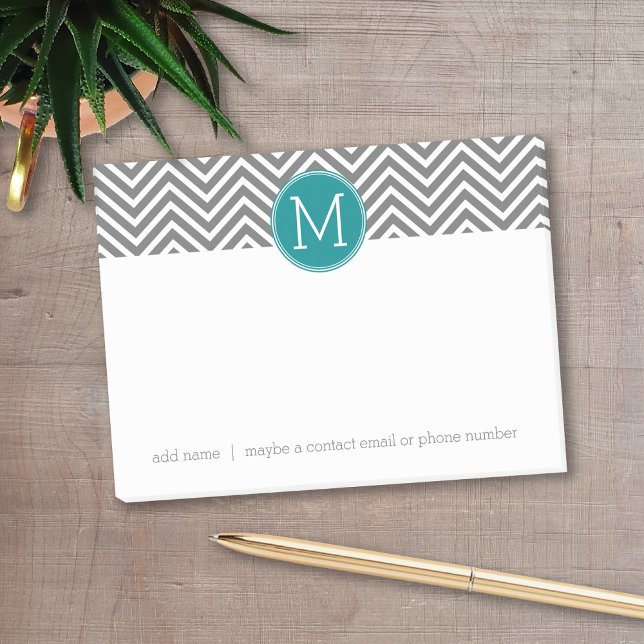 Bloco De Notas Monograma Personalizado de Turquesa e Chevrons (Personalized post-it notes with a monogram and contact information - low quantity available)
