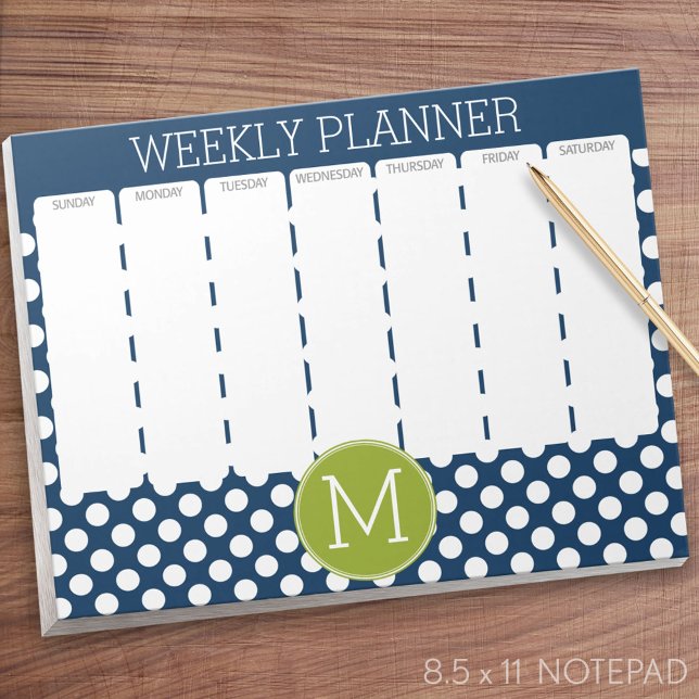 Bloco De Notas Monograma Personalizado do Marinho Blue & Verde li (Weekly Planner Notepad)