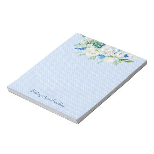 Bloco De Notas Monograma Personalizado Floral de Cor Azul Branco 