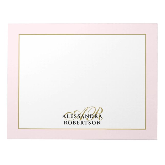 Bloco De Notas Monograma Personalizado Rosa Pastel Dourado Caligr (Frente)