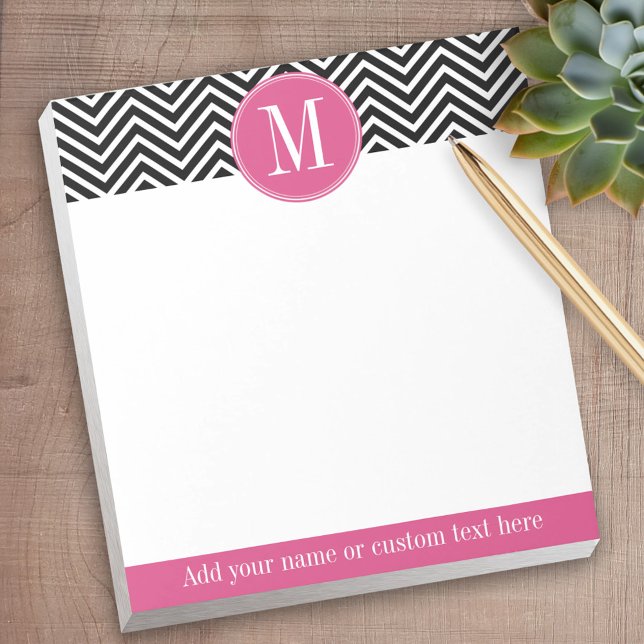 Bloco De Notas Monograma Pink Preto e Branco (Personalized notepad - great for a gift or your home office)