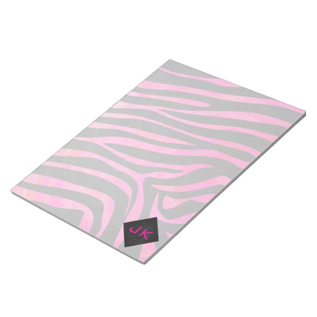 Bloco De Notas Monograma Preto e Design de Zebra Rosa Vibrante (Inclinado)