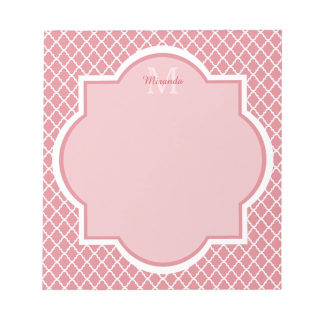 Bloco De Notas Monograma Quatrefoil Cor-De-Rosa Chic Com Nome (Frente)
