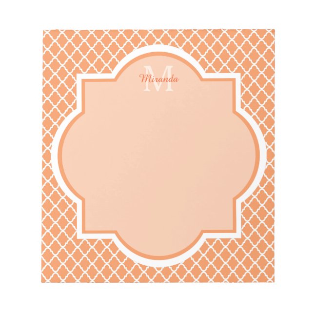 Bloco De Notas Monograma Quatrefoil Laranja Elegante Com Nome (Frente)