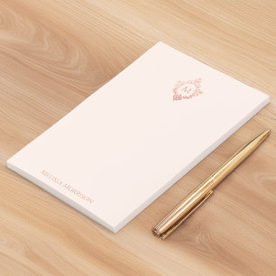Bloco De Notas Monograma Rosa Bege Elegante Selo Dourado-Rosa