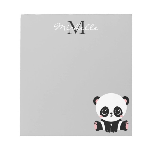 Bloco De Notas Monograma Sentado Panda Prata Personalizada (Frente)