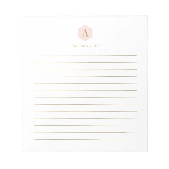 Bloco De Notas Monograma Simples Rosa e Dourado Personalizado (Frente)