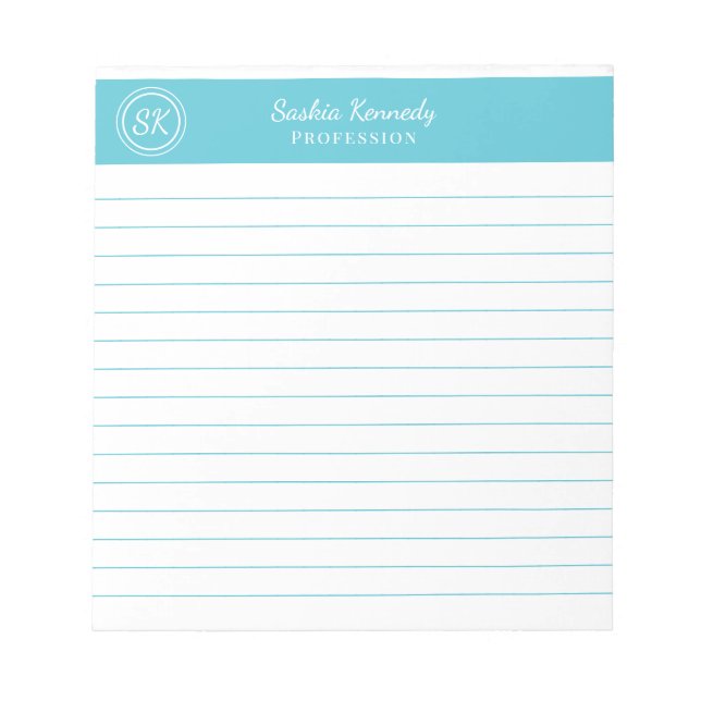 Bloco De Notas Monograma Simplesmente Elegante com Linhas em Azul (Frente)