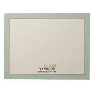 Bloco De Notas  Monograma Verde Sage Bege Dourado Minimalista Hom