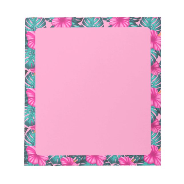 Bloco De Notas Monstera Leaves e Hibiscus, Teal e Rosa (Frente)
