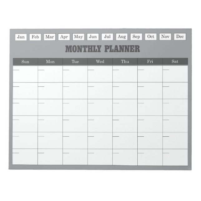 Bloco De Notas Monthly Planner Grey Simple Calendar (Frente)