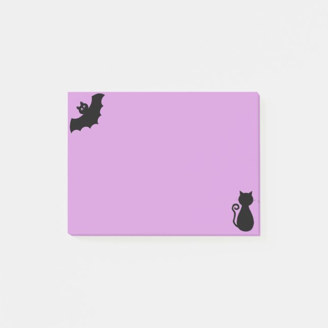 Bloco De Notas Morcego de Halloween e gato preto em roxo (Frente)