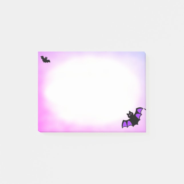 Bloco De Notas Morcegos voando no Halloween em post-it roxo e bra (Frente)