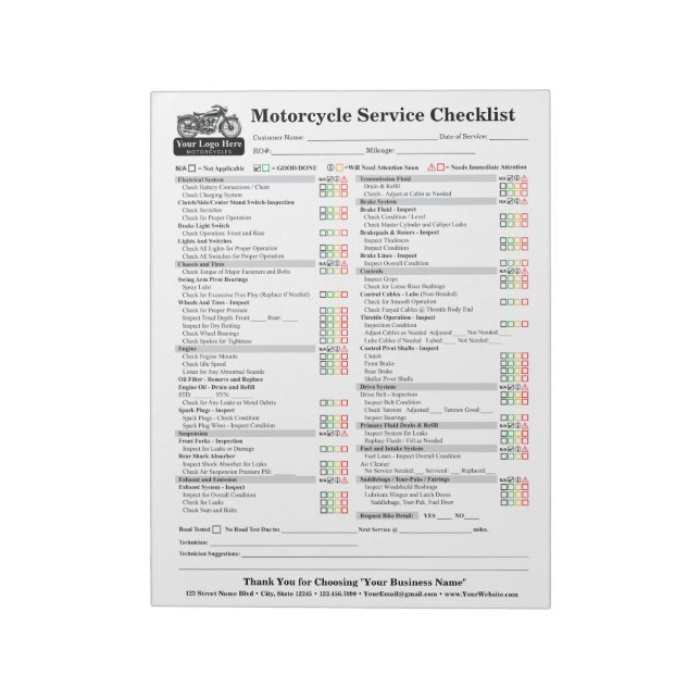 Bloco De Notas Motorcycle Service Checklist 8.5x11 (Invertido)