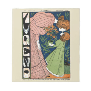 Bloco De Notas Mulher e Menina Art Nouveau Vintage Vestido Verde