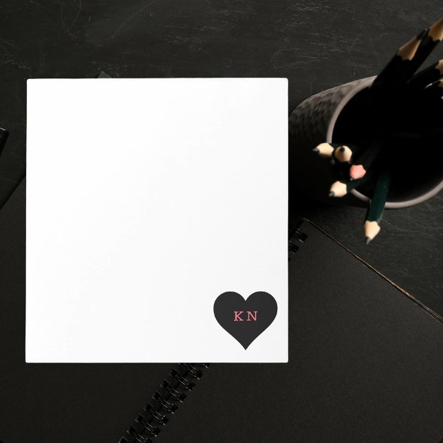 Bloco De Notas Na moda de Monograma Moderno Coração Preto Simples (Criador carregado)