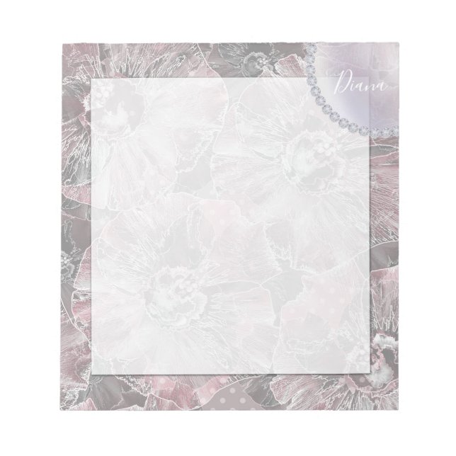 Bloco De Notas Na moda rosa cinza grandes flores (Frente)