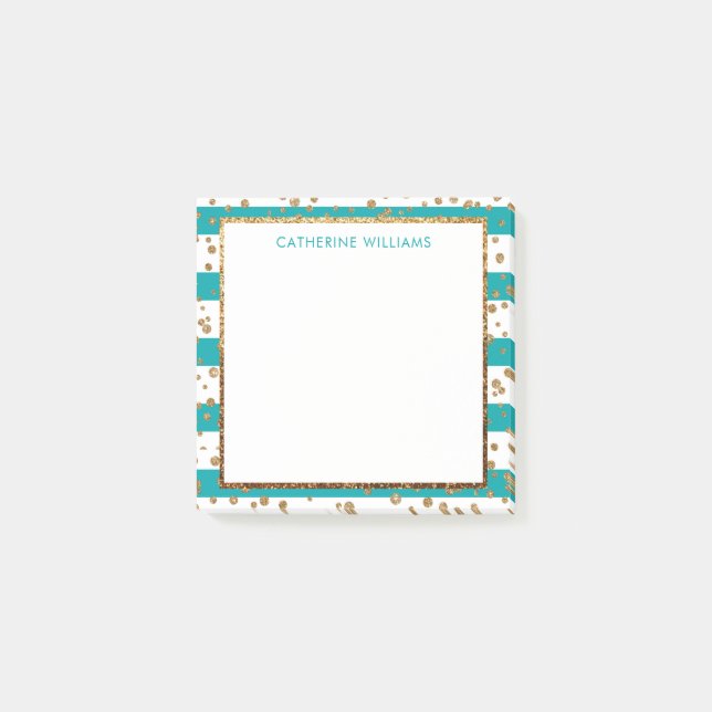 Bloco De Notas Na moda Teal White Stripe Dourada Glitter Confetti (Frente)