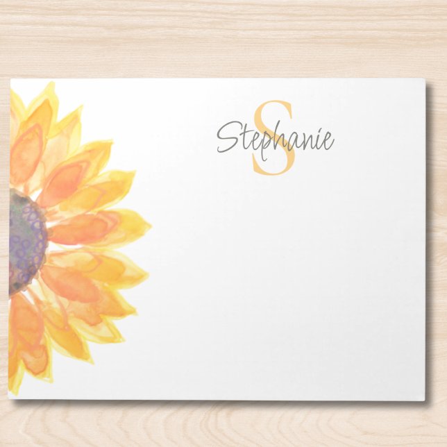 Bloco De Notas Name Monogram Watercolor Sunflower (Criador carregado)