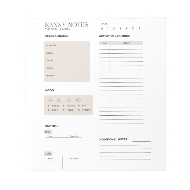 Bloco De Notas Nanny Notes, Nanny Log (Frente)