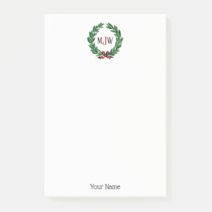 Bloco De Notas Natal Festivo Xmas Holly Wreath Monograma