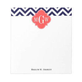 Bloco De Notas Navy Lg Chevron Coral Vermelho Quatrefoil 3 Monogr
