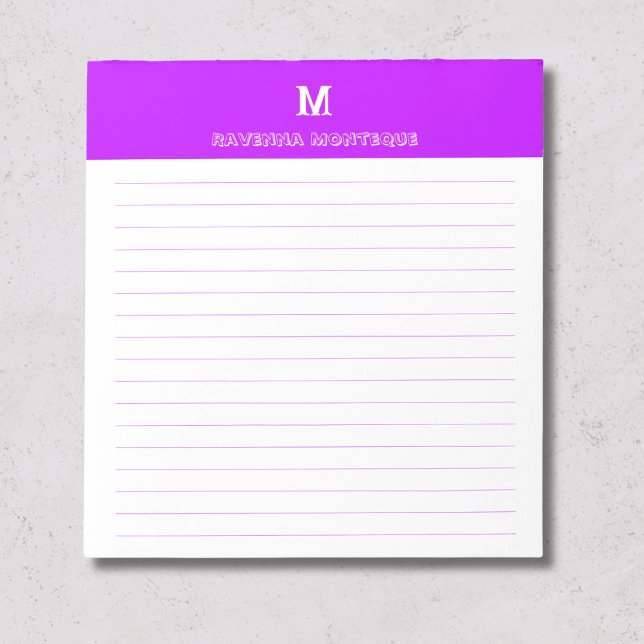 Bloco De Notas Neon Roxo Chic Nome Personalizado Monograma Lined (Criador carregado)