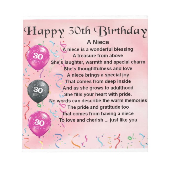 Bloco De Notas Niece Poem - aniversário de 30 anos (Frente)